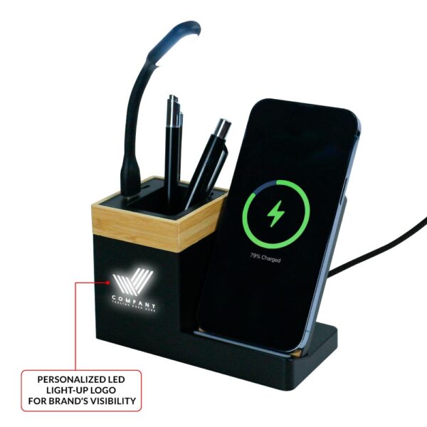 TG-7350 Bamboo Pen Holder with 15W Wireless Charger & LED Logo