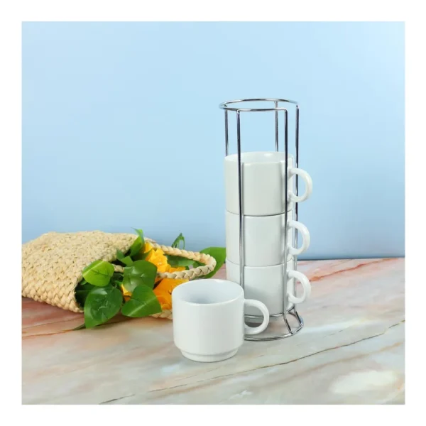 DW-7649 Coffee Cups Set 4Pcs in Silver Metal Rack