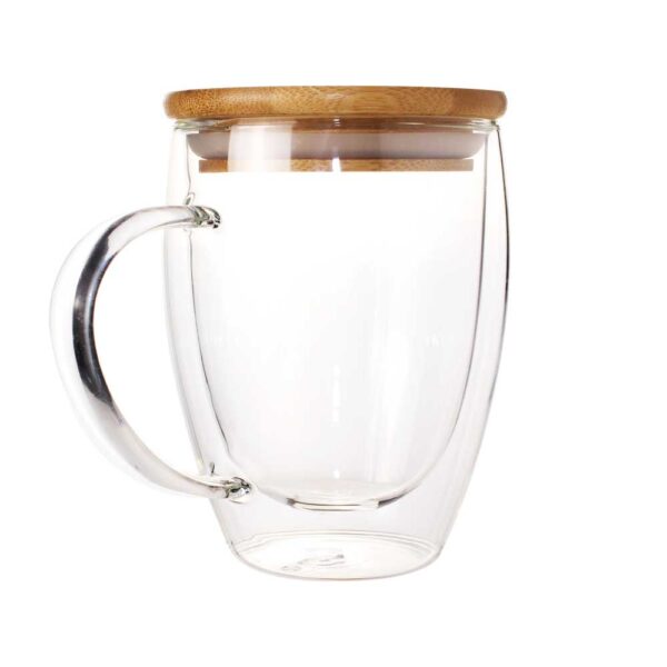 DW-7660 Double Wall Clear Glass Mug with Bamboo Lid