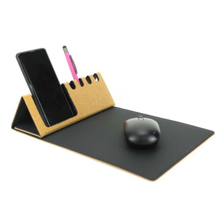 TG-7367 Foldable Cork+PU Mousepad with Mobile & Pen Holder