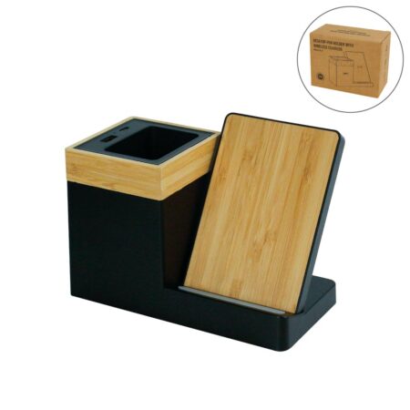 TG-7350 Bamboo Pen Holder with 15W Wireless Charger & LED Logo