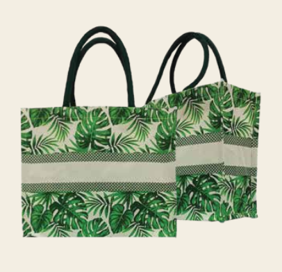 BG-9054 Printed Cotton Bag with inner Lamination and magnetic closure (Green Leaf Print)