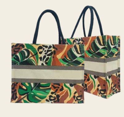 BG-9057 Printed Cotton Bag with inner Lamination and magnetic closure (Colored Leaf Print)