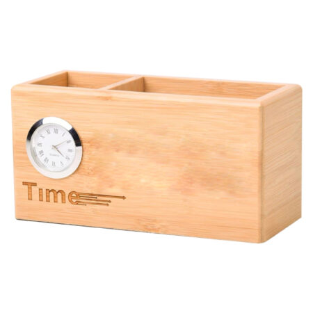 TG-73128 WOODEN PEN STAND CARD HOLDER WITH CLOCK