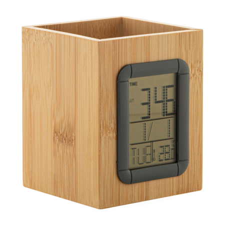 TG-73127 BAMBOO PEN HOLDER WITH LCD DIGITAL CLOCK