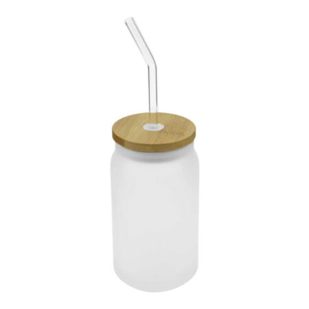 DW-7627  Glass Bottle with Straw and Bamboo Lid 455 ml Capacity