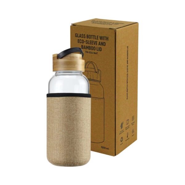 DW-7626 Glass Bottles with Bamboo Lid and Eco Sleeve, 1 liter