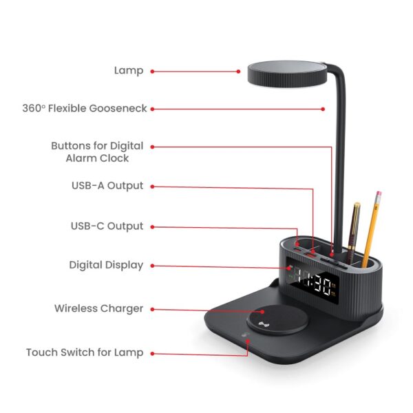 ST-9368 Desk Lamp with 15W Wireless Charger, Clock and Pen Holder