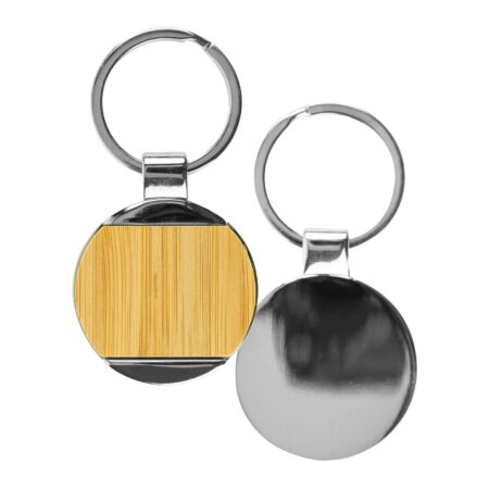 GN-1029 Round Bamboo and Metal Keychains