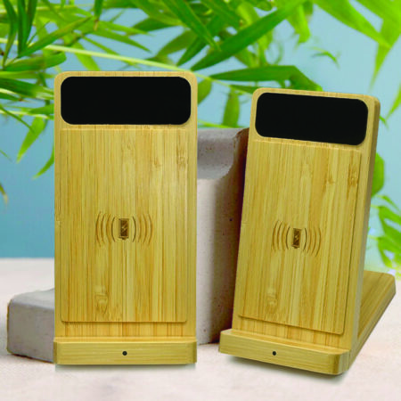 TG-73118 BAMBOO PHONE HOLDER WIRELESS CHARGER LIGHT UP LOGO