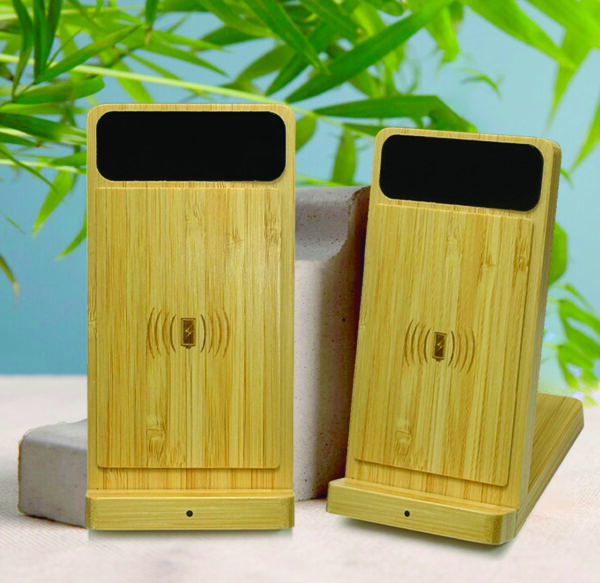 TG-73118 BAMBOO PHONE HOLDER WIRELESS CHARGER LIGHT UP LOGO