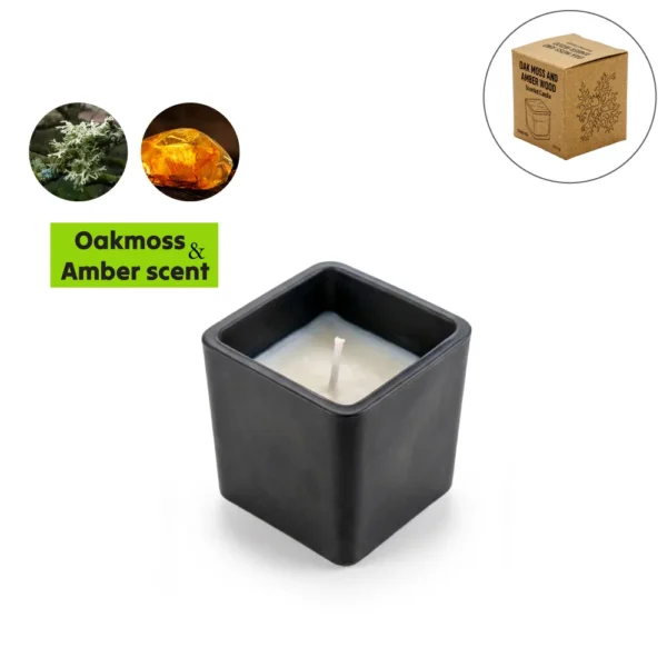 SG-7050 Scented Candle in Square Glass Bottle, Bamboo Lid, Oakmoss & Amber Scent