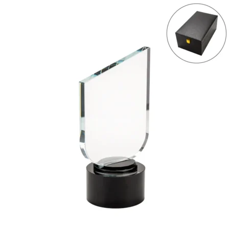 AT-8130 Crystal Trophy Round Black Base in Premium Fiber Box, Gold Lock Closure