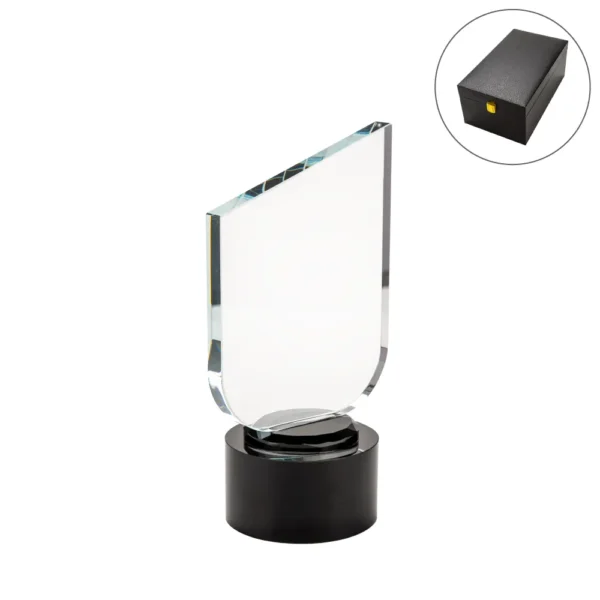 AT-8130 Crystal Trophy Round Black Base in Premium Fiber Box, Gold Lock Closure
