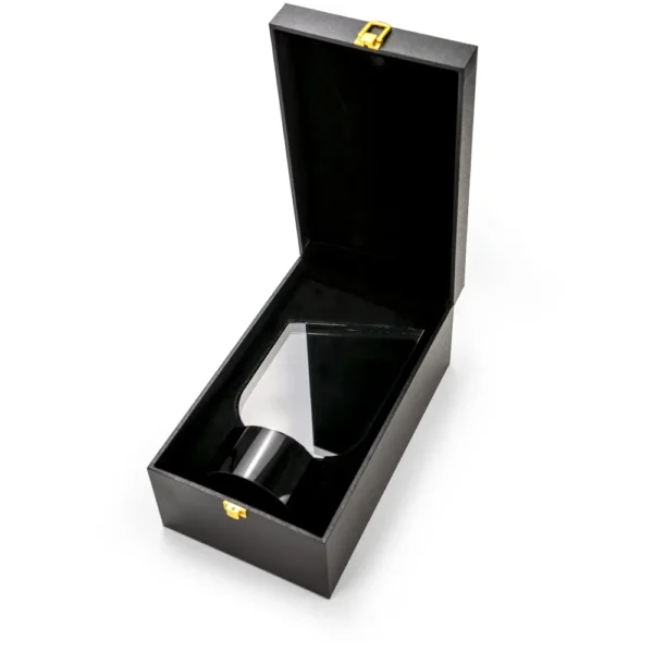 AT-8130 Crystal Trophy Round Black Base in Premium Fiber Box, Gold Lock Closure